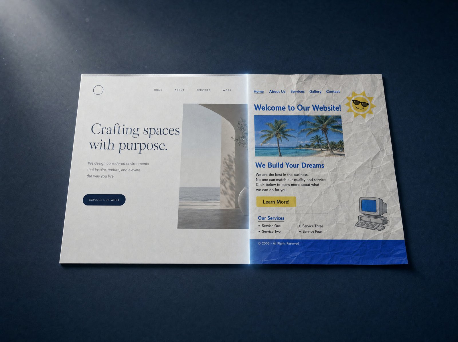 One printed web page, half crisp and newly designed, half still a creased and dated old site